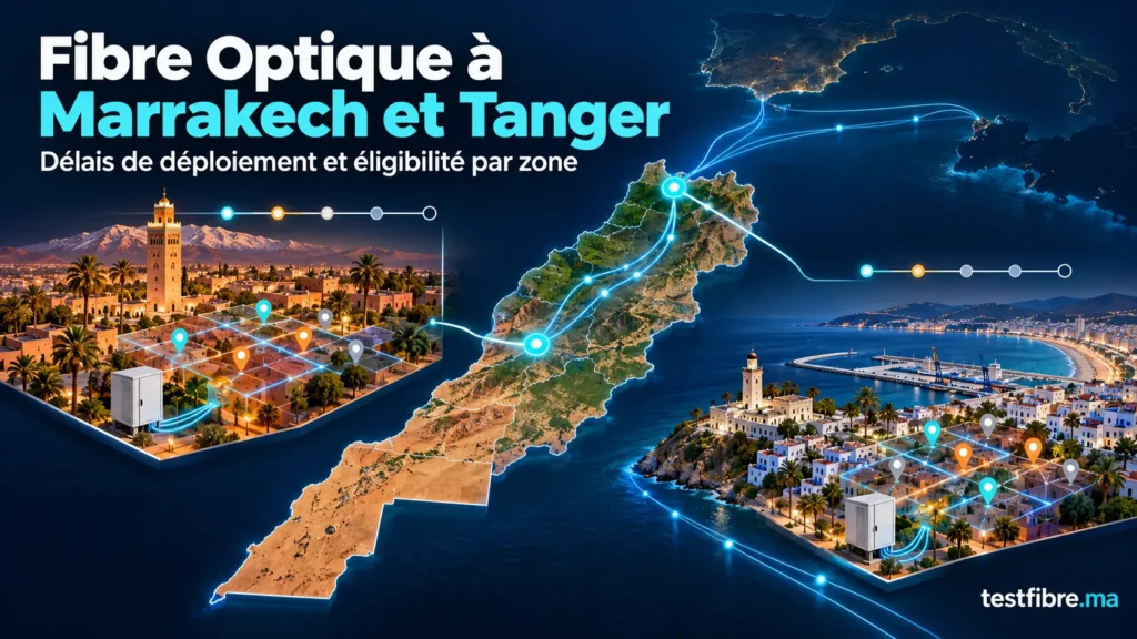 Carte illustrée du déploiement de la Fibre Optique et de l’éligibilité par zone à Marrakech et Tanger