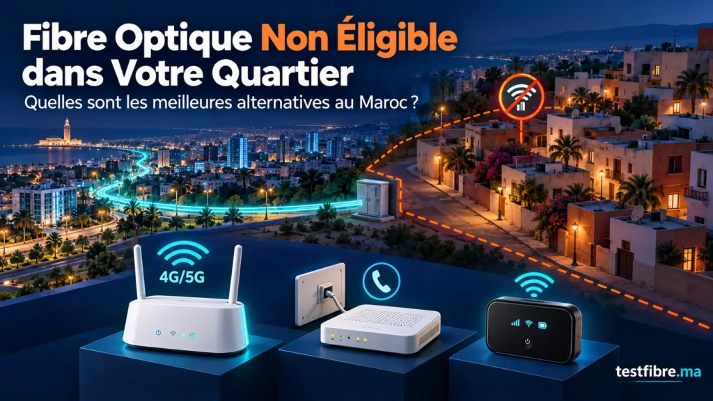 Quartier marocain non éligible à la Fibre Optique avec des alternatives 4G/5G, ADSL et Wi-Fi mobile