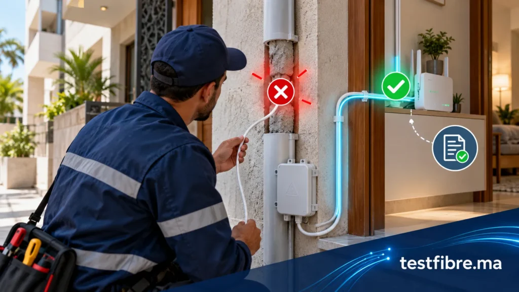 Technicien Fibre confronté à un câble bloqué lors d’une installation Fibre au Maroc