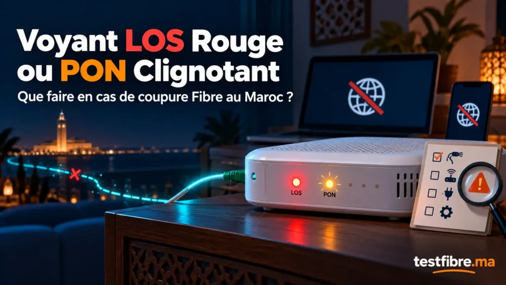 Routeur Fibre Optique avec voyant LOS rouge et voyant PON clignotant lors d’une coupure au Maroc